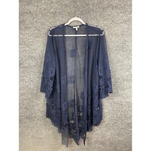Maurices Kimono Cardigan Women 0X Navy Blue Floral Lace Sheer Mesh